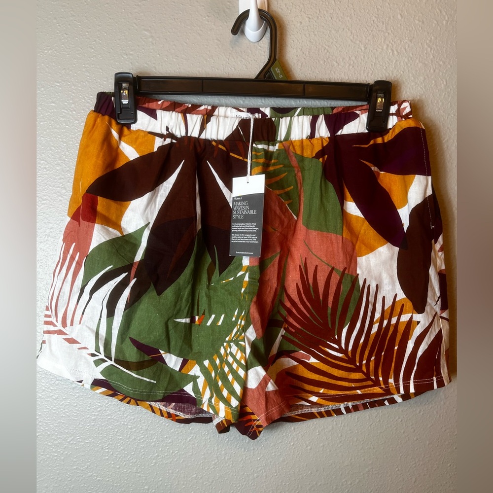 Vitamin A Tropical Leaf Print Shorts in White, Green, Rust & Mustard